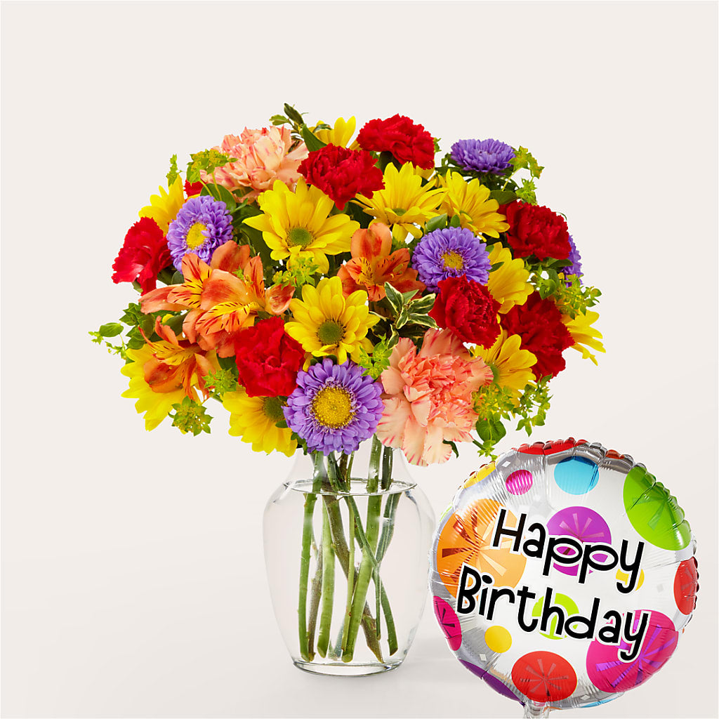 Kaleidoscope Bouquet with Birthday Balloon – Talia Flowers, Ottawa ON