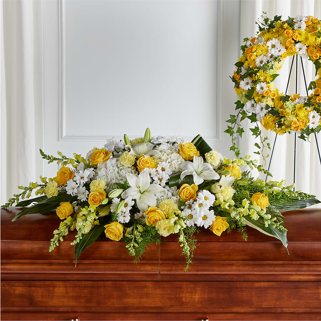 Golden Harmony Casket Spray – Talia Flowers, Ottawa ON