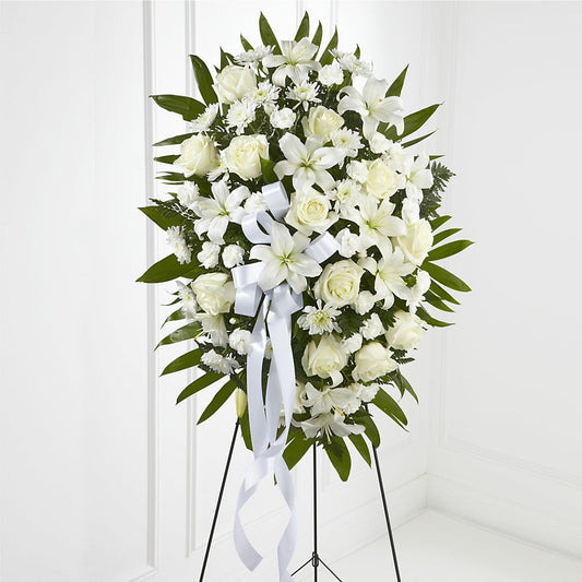 Exquisite Tribute Standing Spray-White Ribbon – Talia Flowers, Ottawa ON